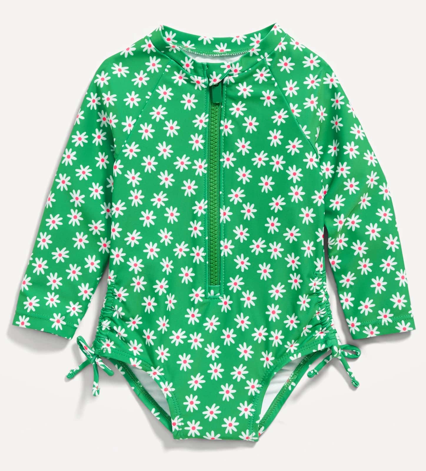 Green daisy print one-piece long-sleeve bathing suit 