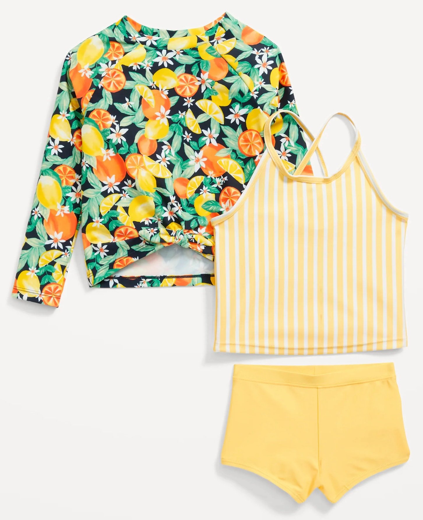 Citrus print rashguard with two-piece yellow and white stripe bathing suit 