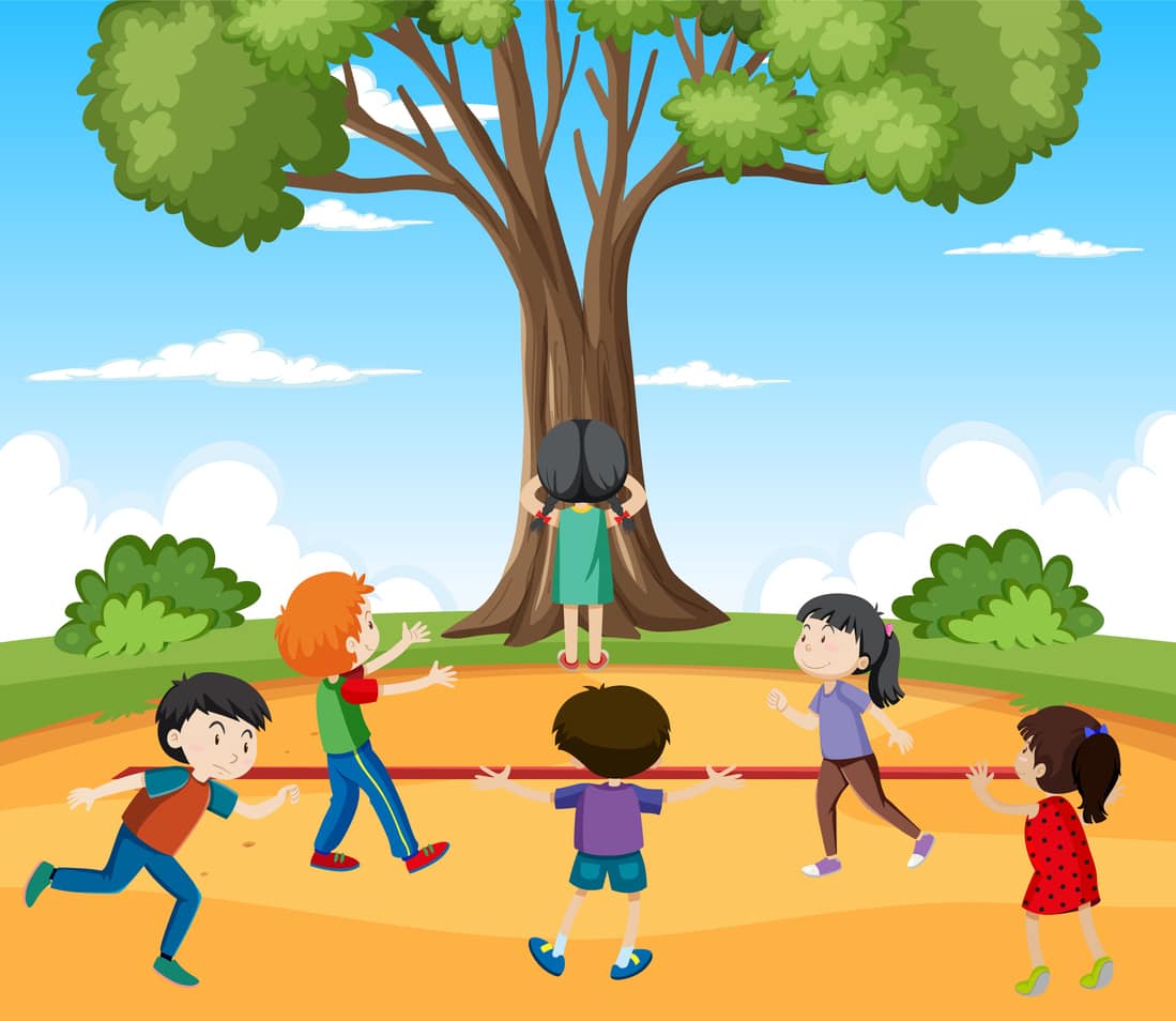 Outdoor scene with children playing game red light green light illustration