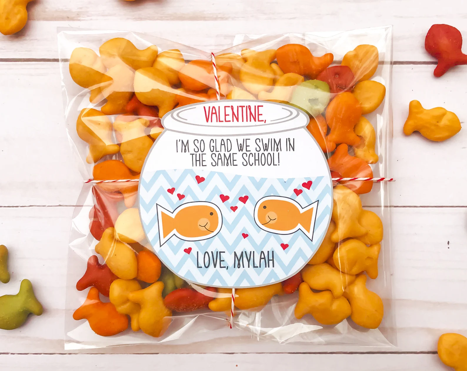 Valentine goody bag with goldfish snacks 