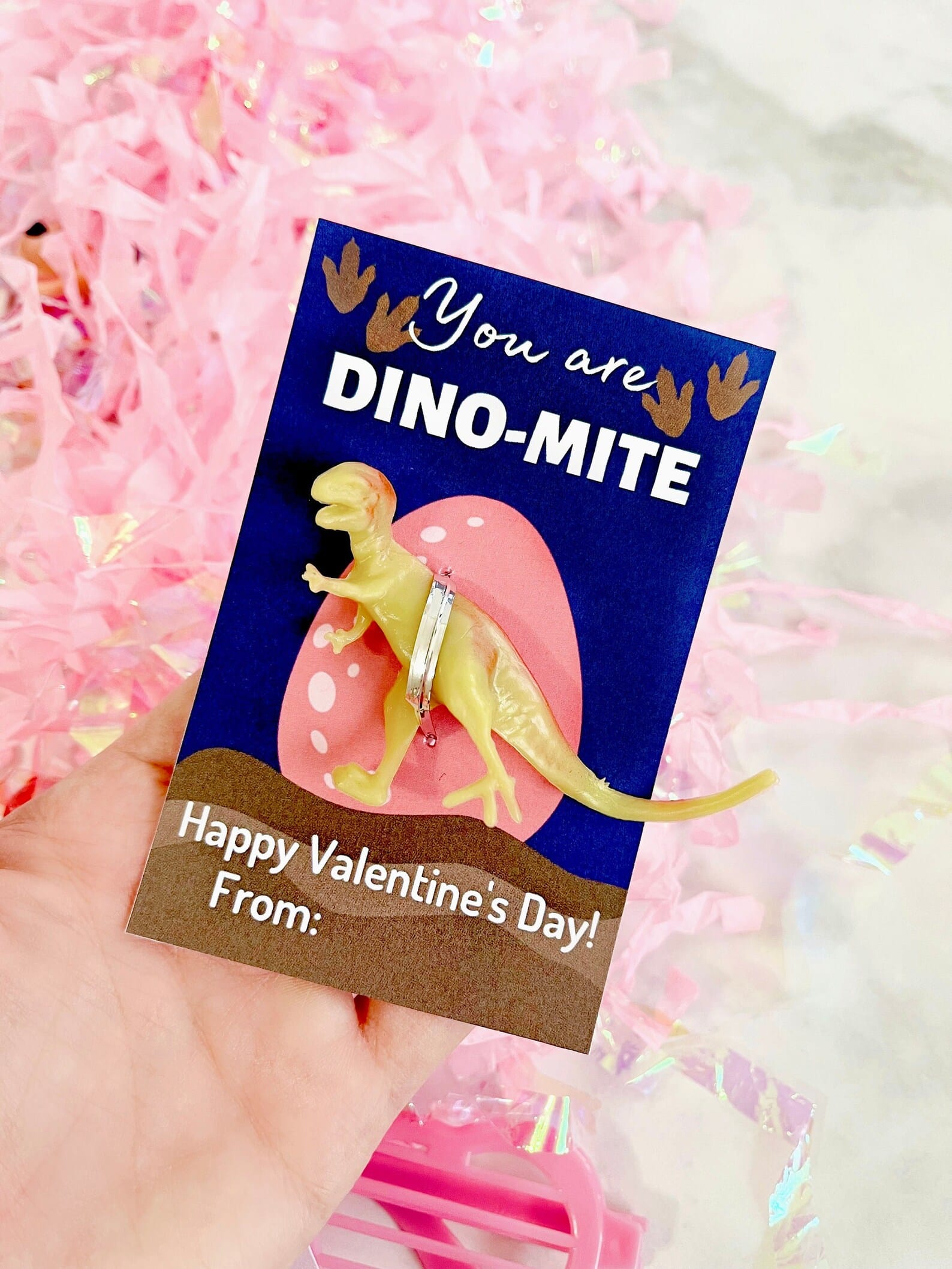 You are dino-mite Valentine's Day card with toy dinosaur figurine 