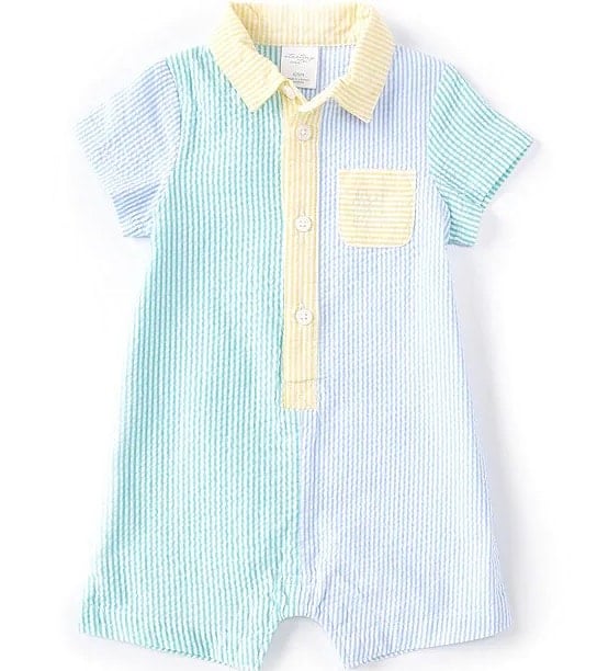 Color-block button-down onesie in blue, green, and yellow 