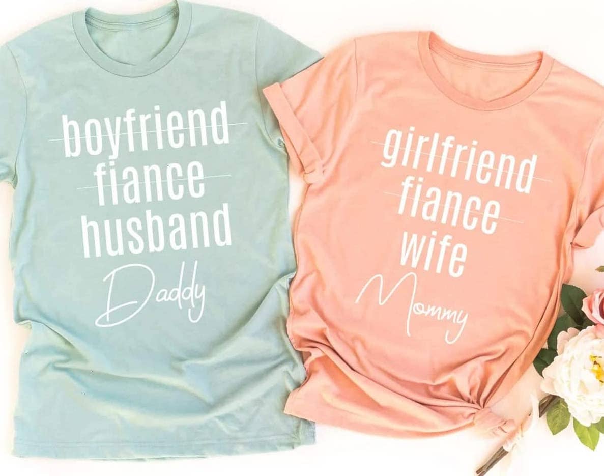 Blue and pink pregnancy announcement t-shirts 