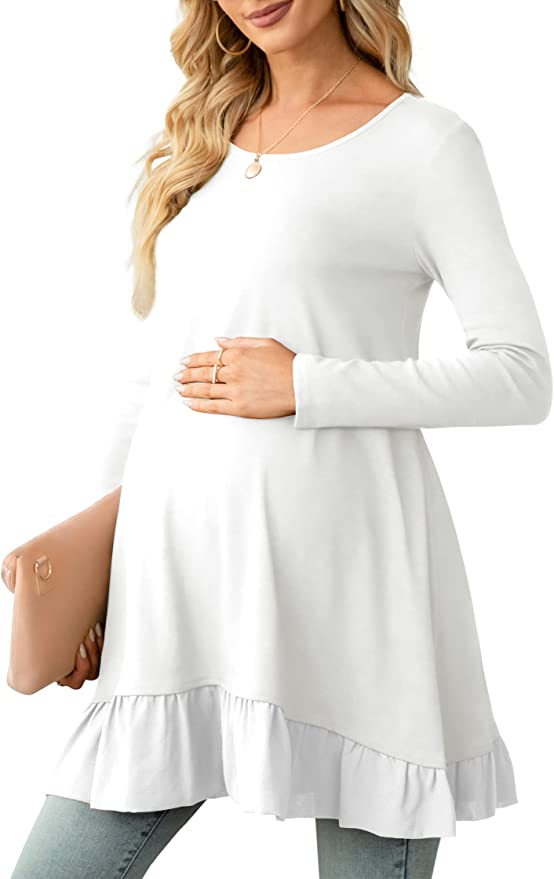 Woman in white long sleeve maternity shirt 