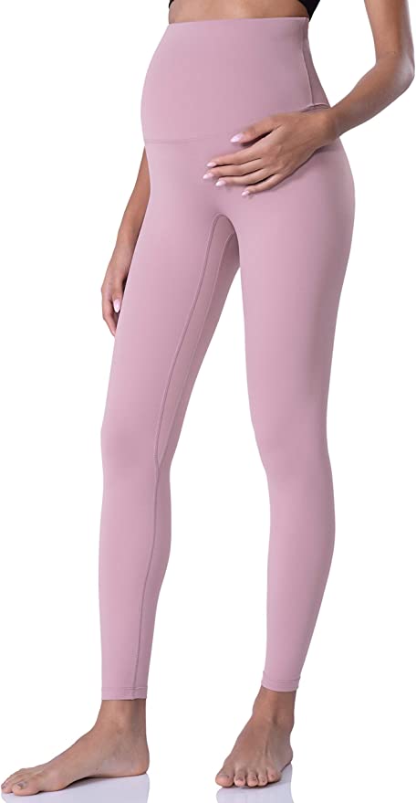Woman in pink over the belly maternity leggings 