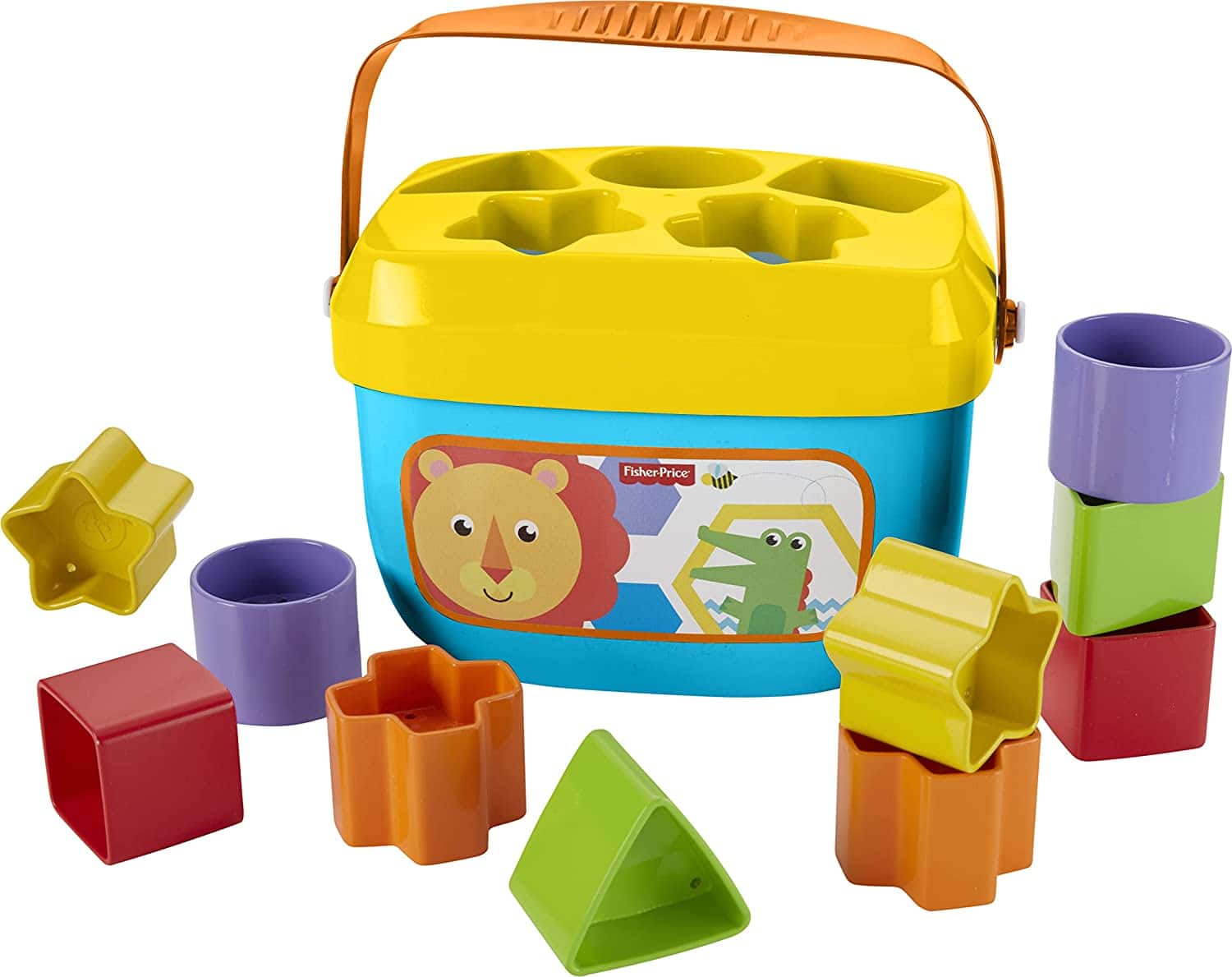 Multi-color shape sorter box with different shapes around it to put inside 