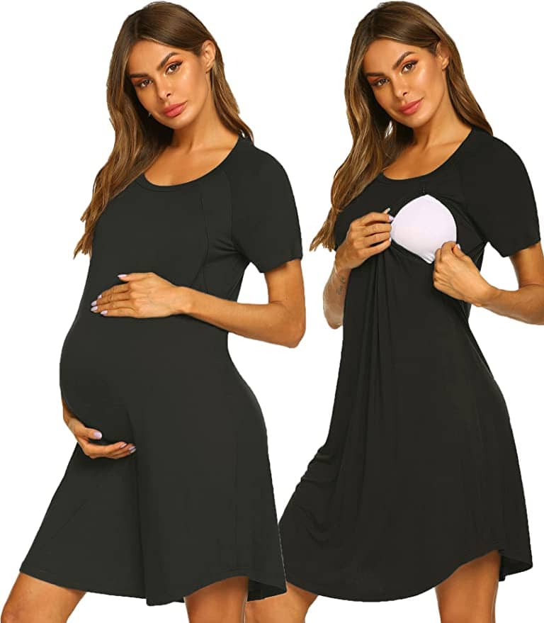 Woman in black maternity and nursing nightgown 