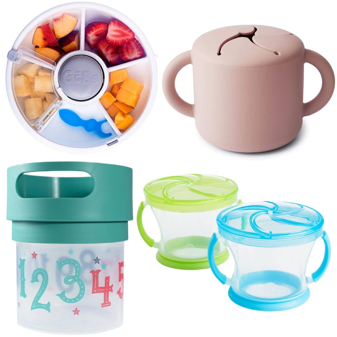 A collage of different snack containers for kids