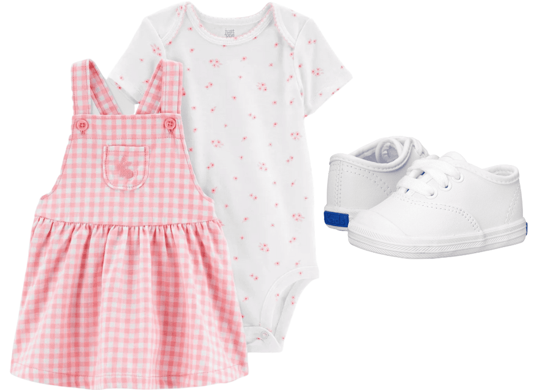 Pink checkered dress with onesie and white Keds sneakers 