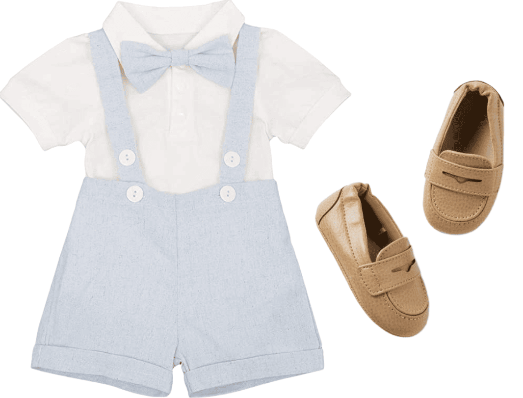 Blue and white overall pant set with brown loafers 