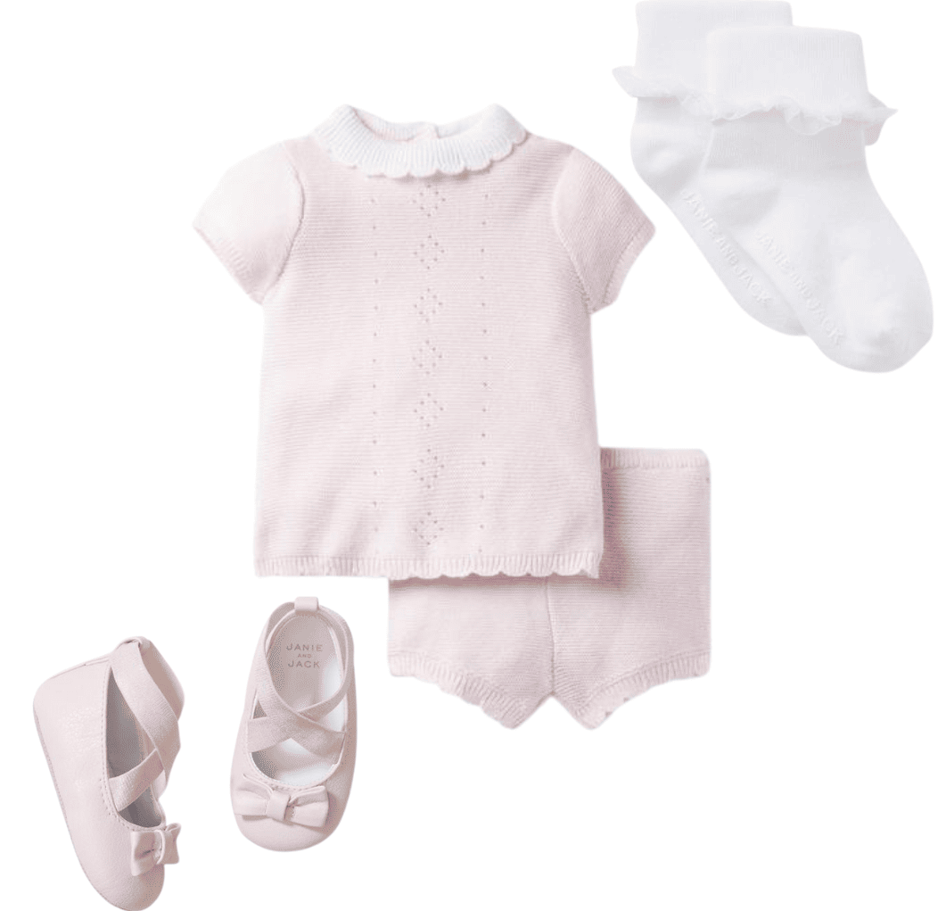 Pink knit two-piece set with white socks and pink slip-on shoes 