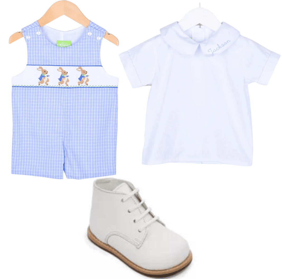 toddler boy easter outfit collage option - Blue and white Jon Jon with white collared shirt and lace-up white shoes 