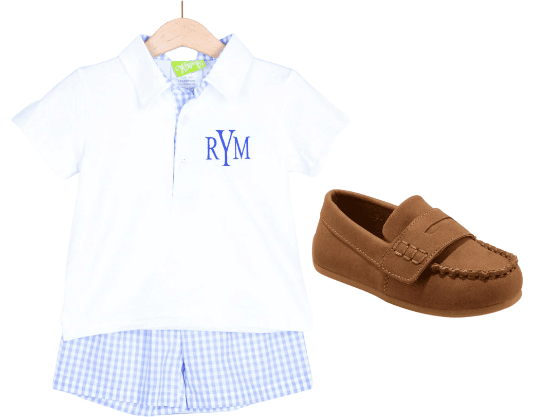 toddler boy easter outfit collage option - White shirt with blue gingham shorts and brown loafers 