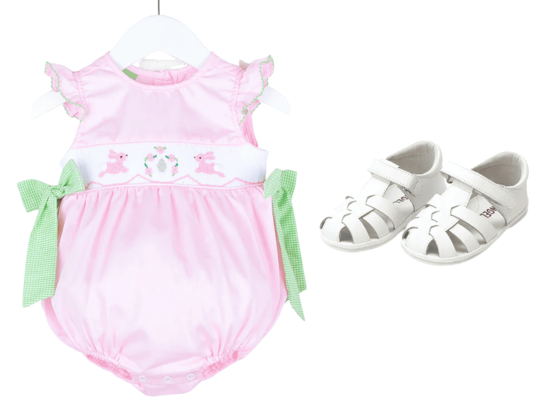 Pink bunny onesie with white sandals 