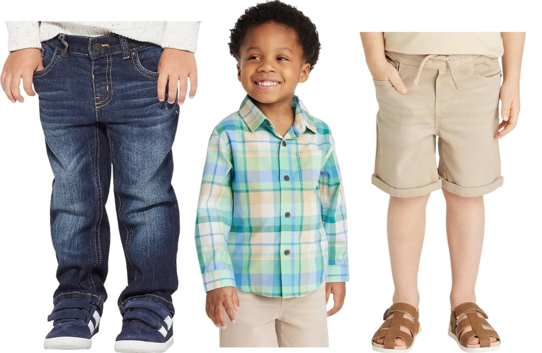 toddler boy easter outfit collage option - Boy in plaid button down shirt with jeans and khaki shorts 
