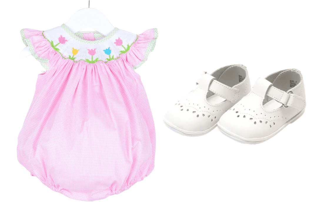 Pink Tulip onesie and white shoes 