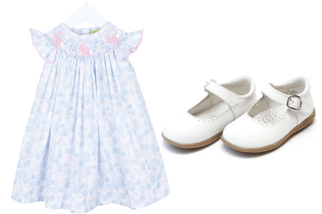 A toddler girl easter outfit option - Floral dress with white Mary Jane shoes 