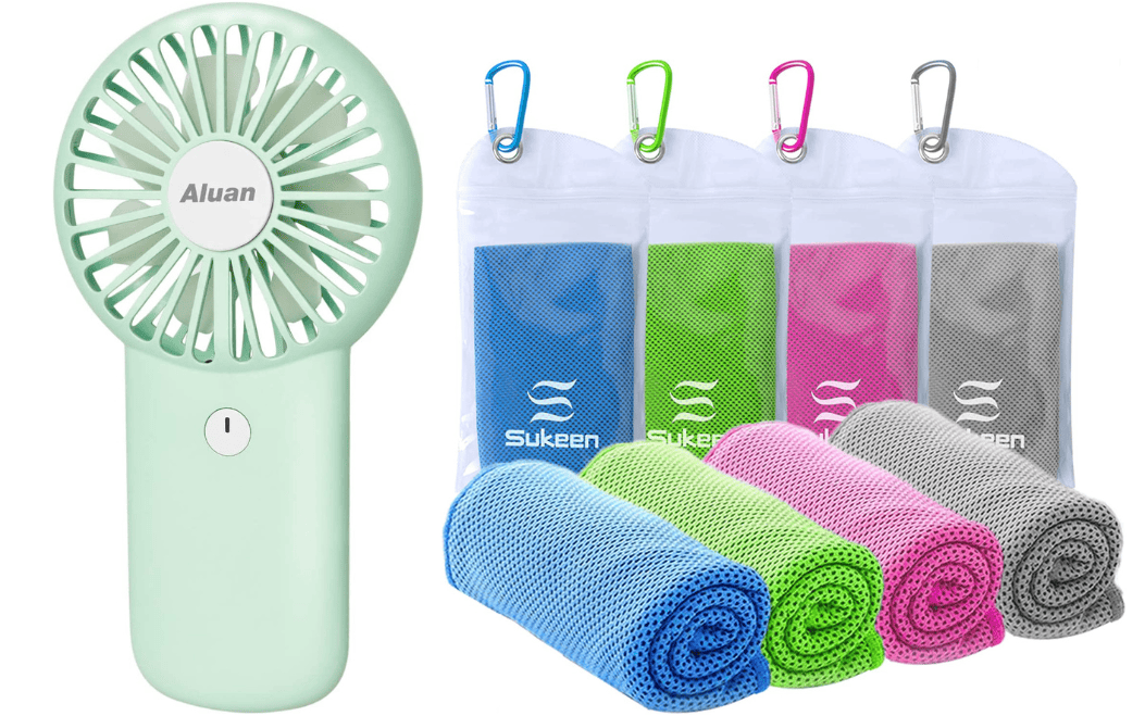 Portable fan and cooling towels in multiple colors 