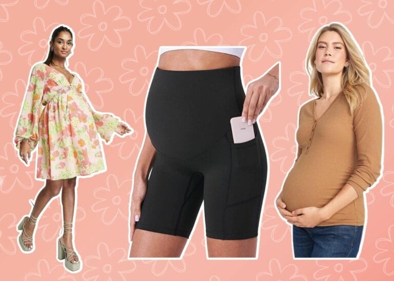 Collage of pregnant women wearing affordable maternity clothes