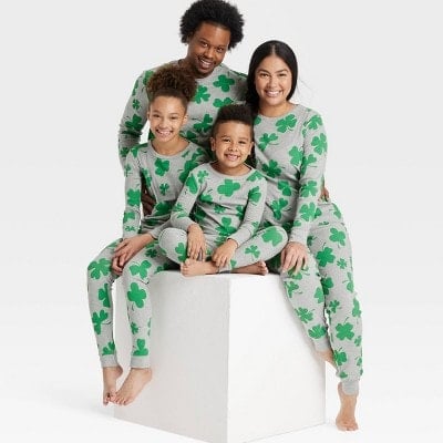 Family in matching St. Patrick's Day pajamas 