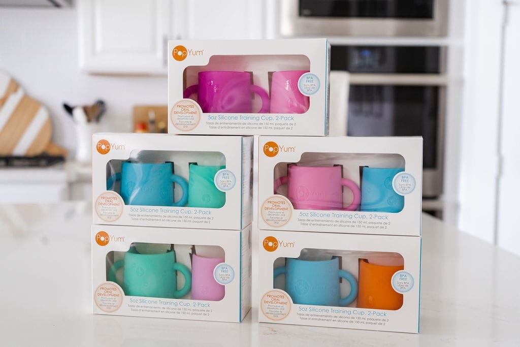 PopYum silicone cups in packaging on a kitchen counter