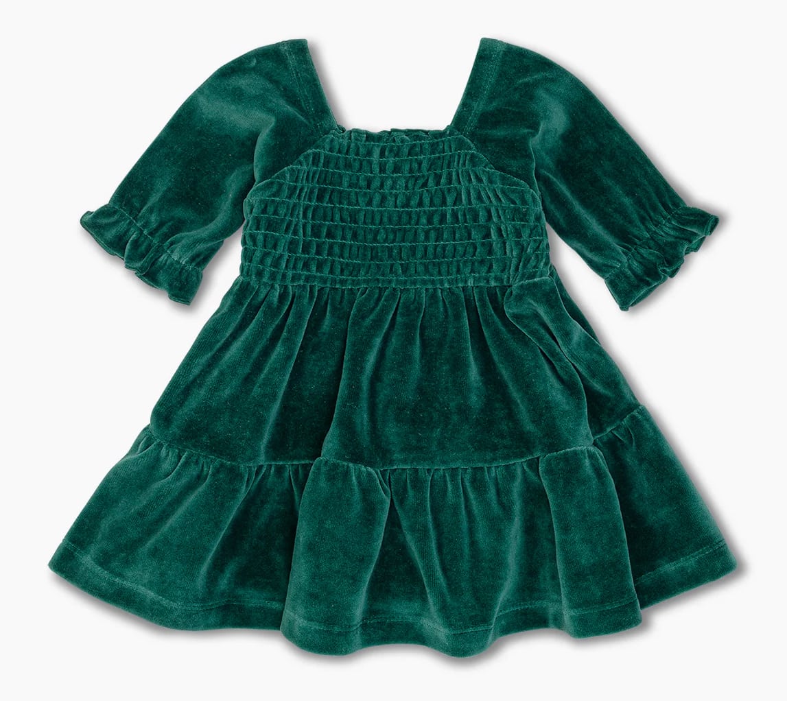 Green velour tiered dress for little girls 
