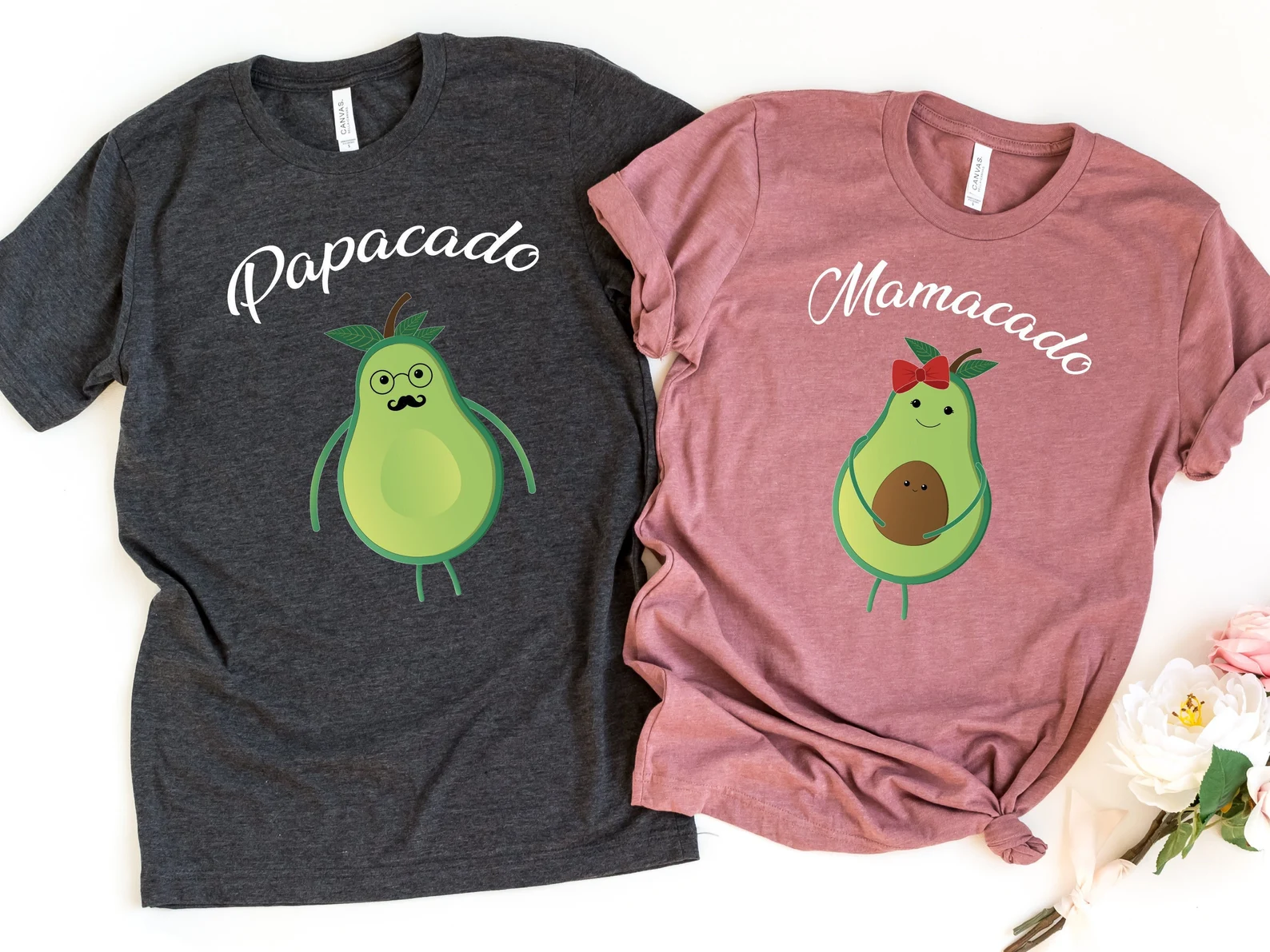 Pink and grey pregnancy announcement t-shirts with avocados on them 