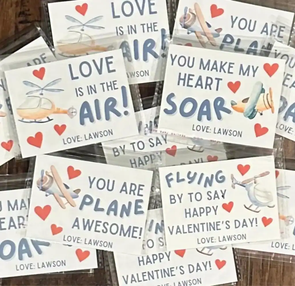 Adorable baby chick Valentine's Day cards with airplane and heart illustrations, perfect for expressing love.