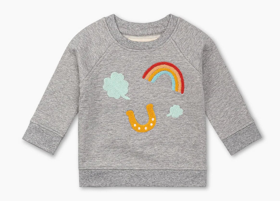 Grey sweatshirt with a rainbow, shamrocks, and horseshoe