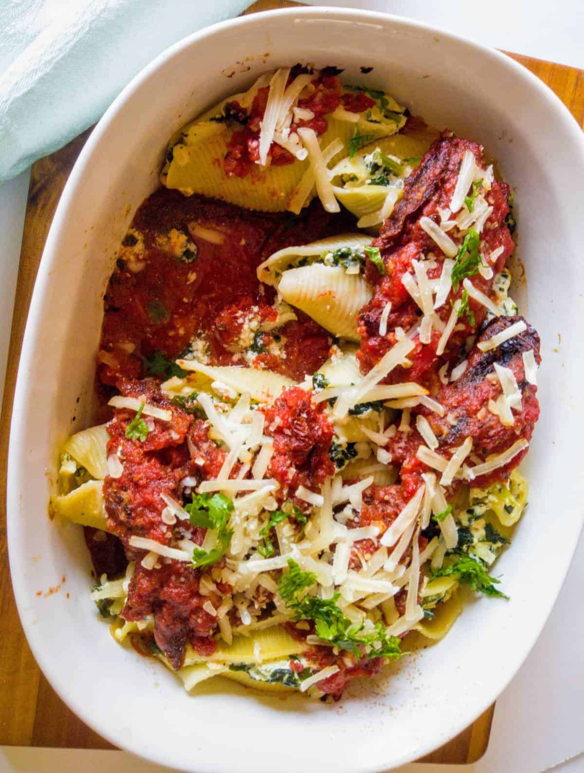 Vegan Stuffed Shells with Kale and Sun-dried Tomatoes in a large bowl
