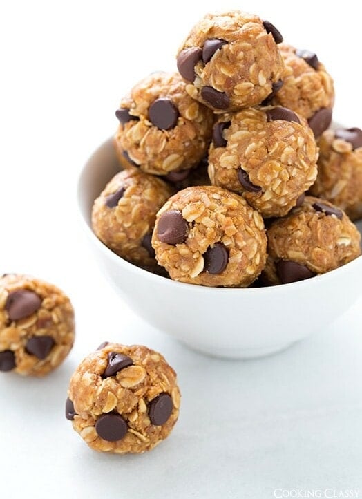 Easy No-Bake Energy Bites in a bowl and sitting on a white table