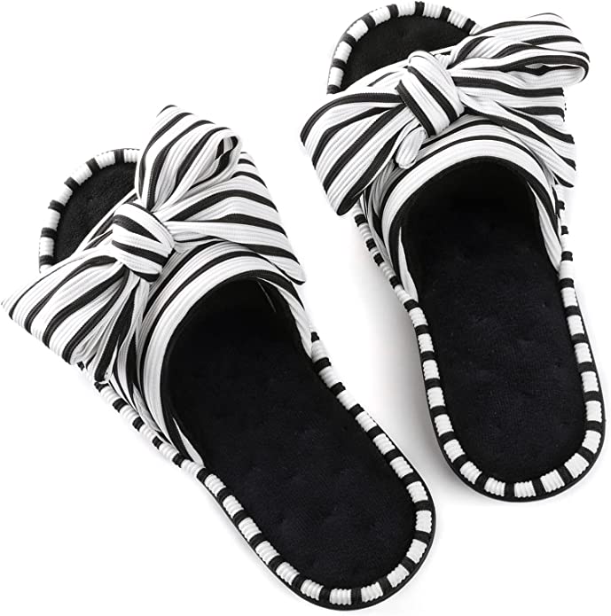 Black and white stripped slippers with a bow