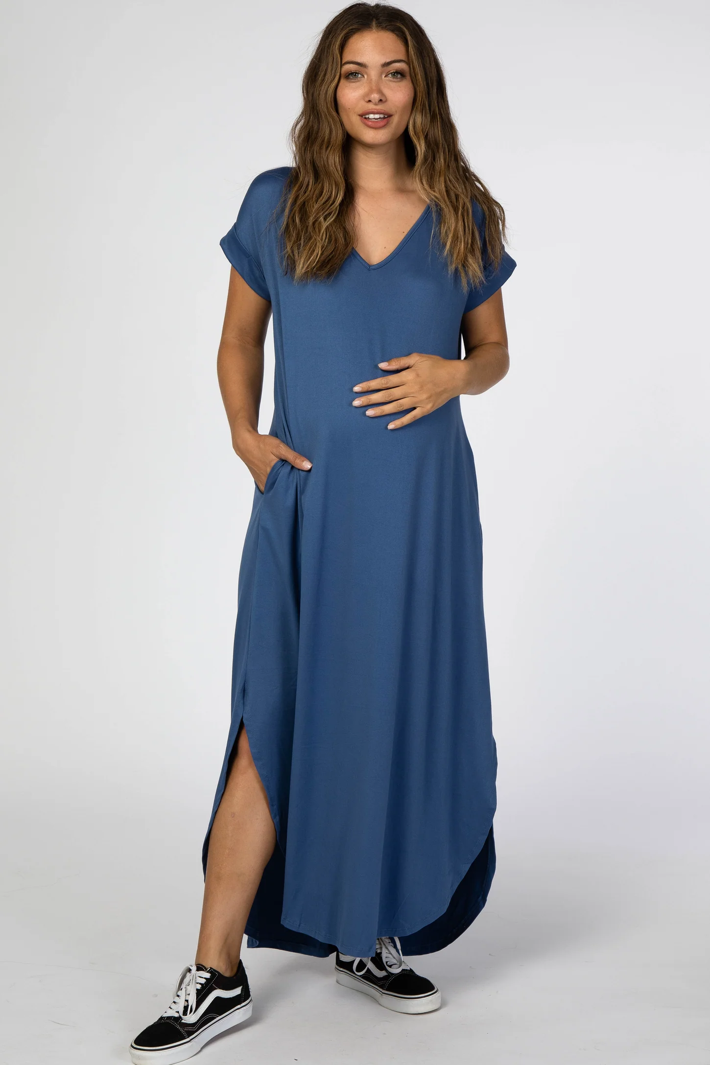 Woman in blue long t-shirt dress 