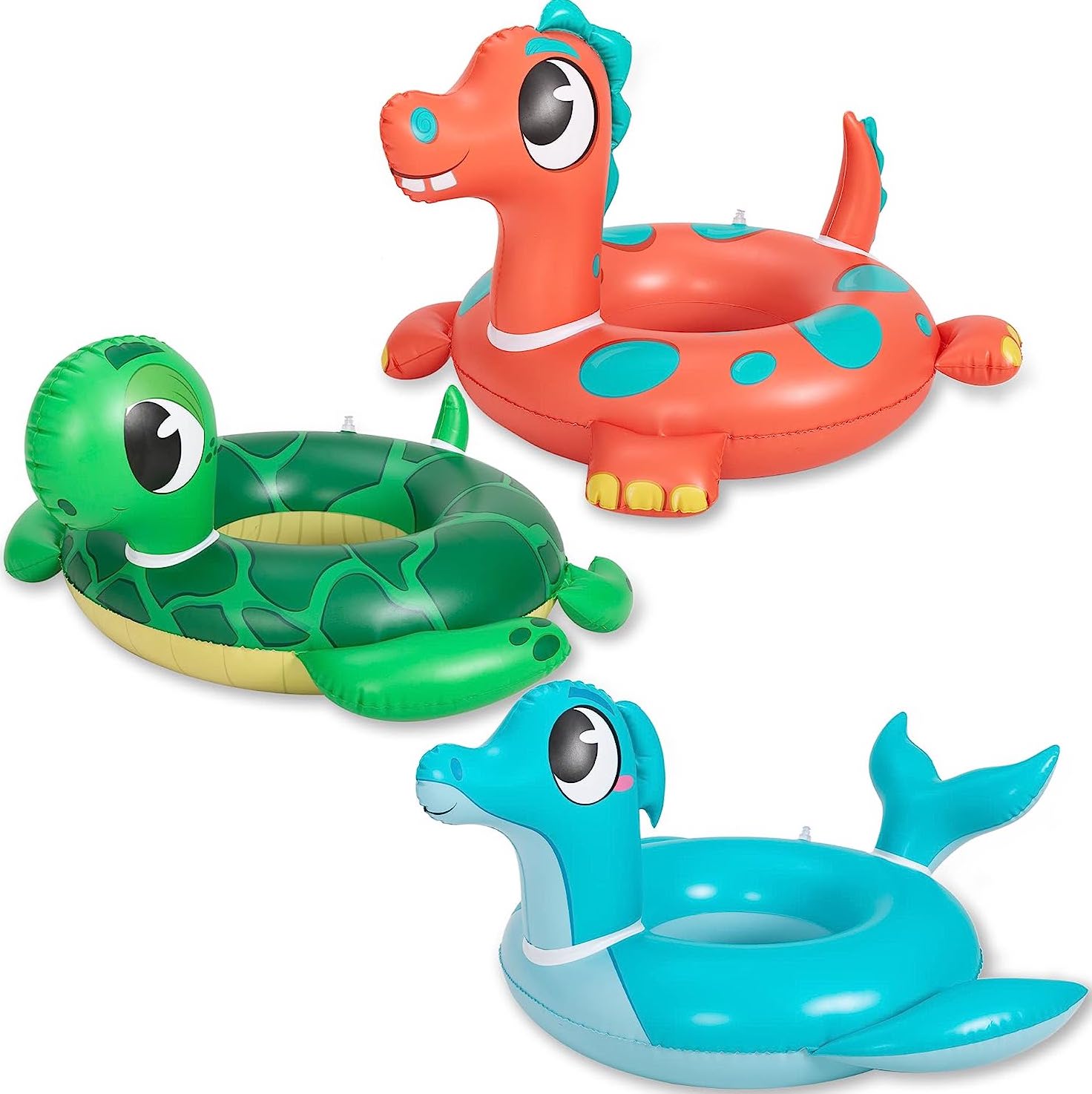 Dinosaur, sea turtle, and dolphin inflatable pool tubes 