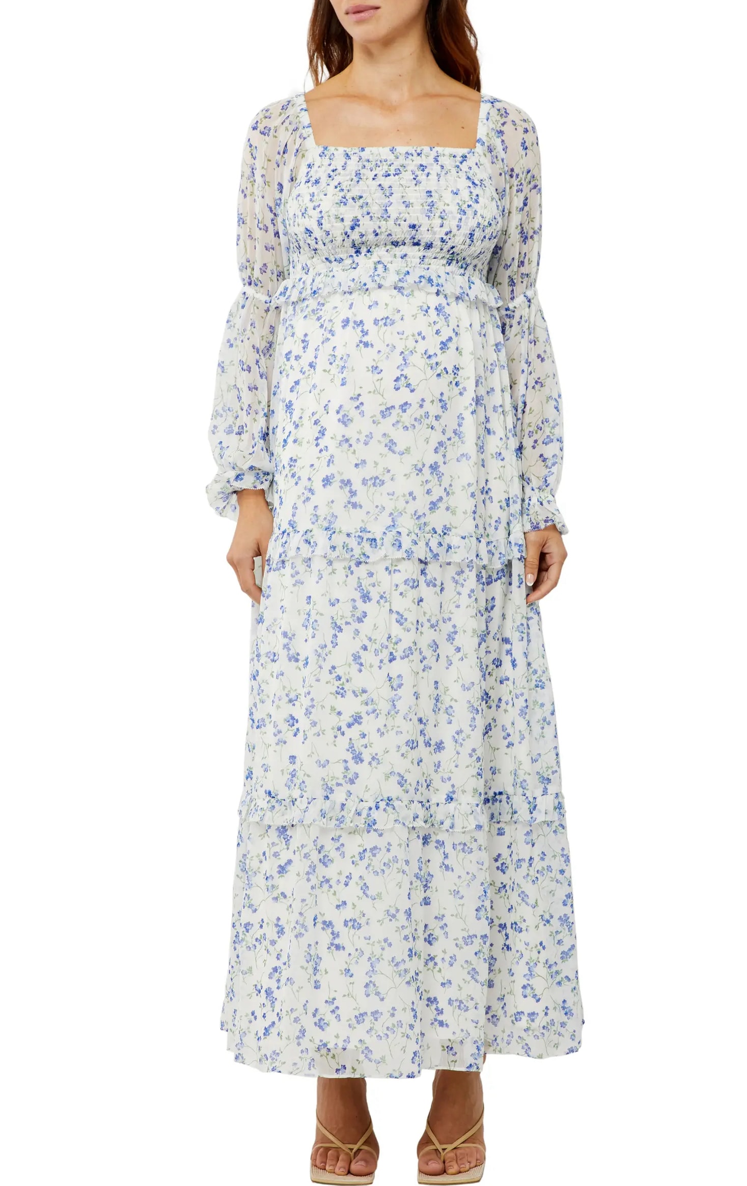 Blue floral print long maternity dress 