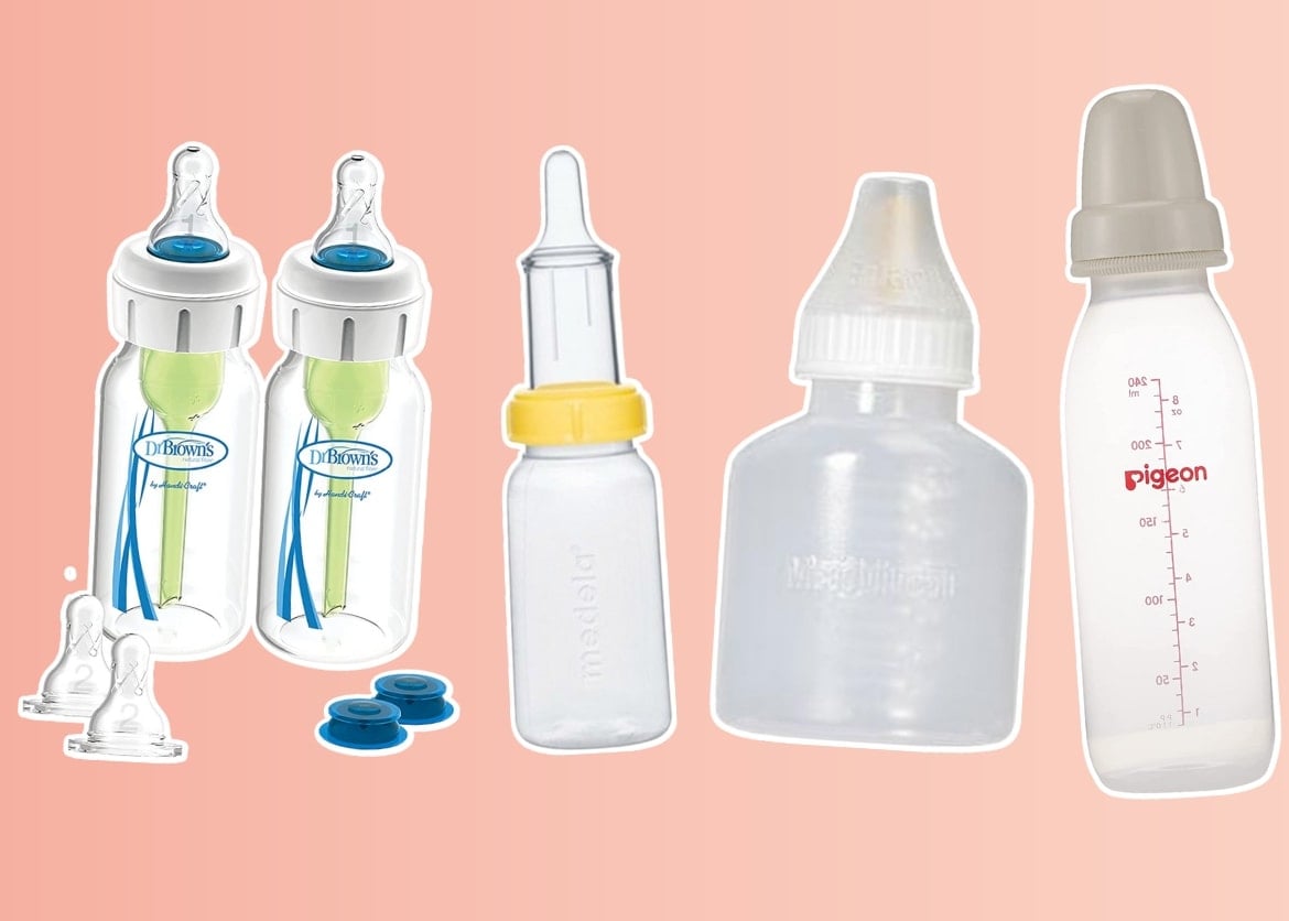 Collage of feeding systems that are recommended for feeding a baby with a cleft lip or cleft palate.