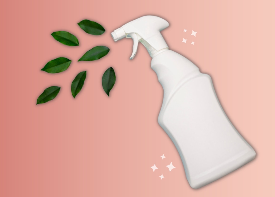 Cleaning bottle with leaves portraying green cleaning.