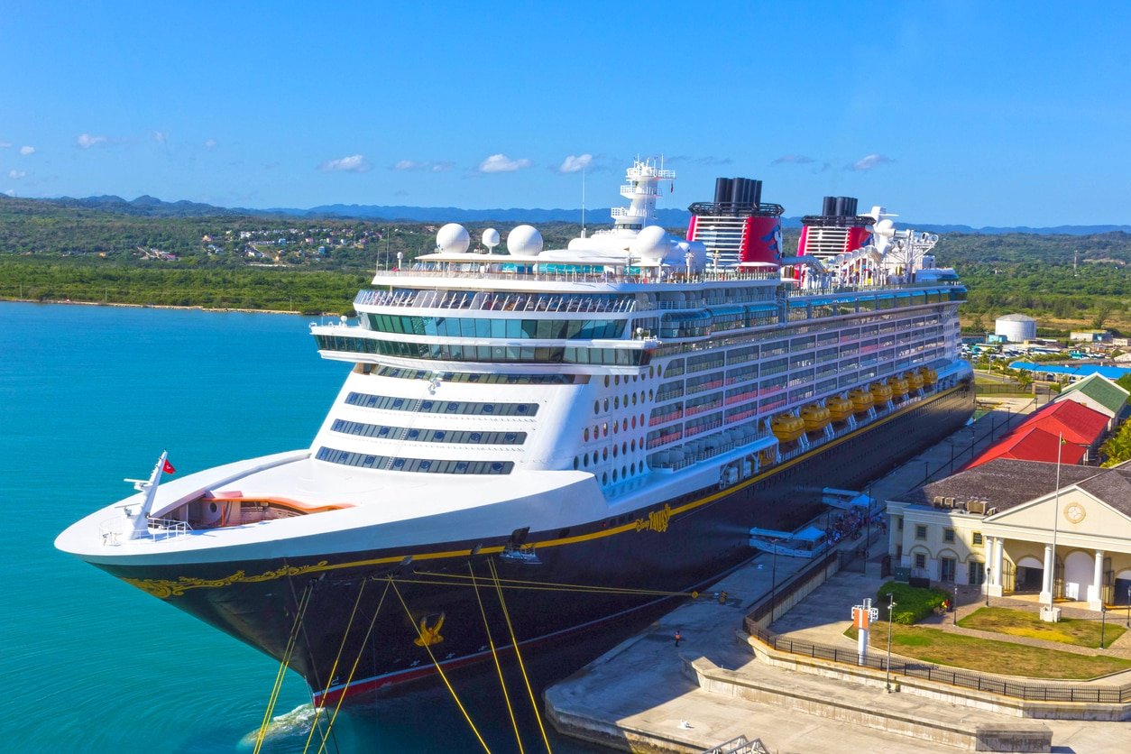 Falmouth, Jamaica - May 02, 2018: Cruise ship Disney Fantasy by Disney Cruise Line docked in Falmouth, Jamaica on May 02, 2018
