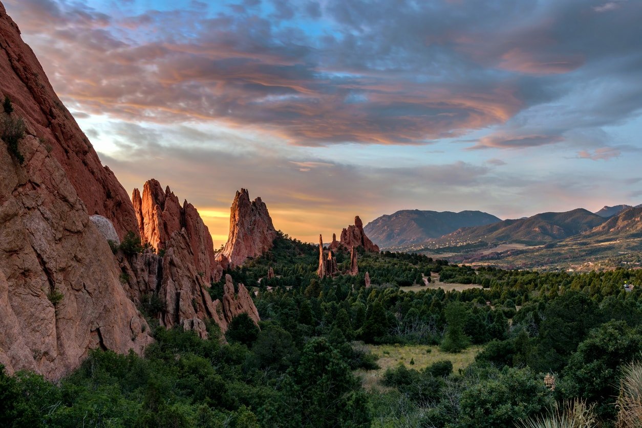 Purple sky during sunrise over The Garden of The Gods in Colorado Springs