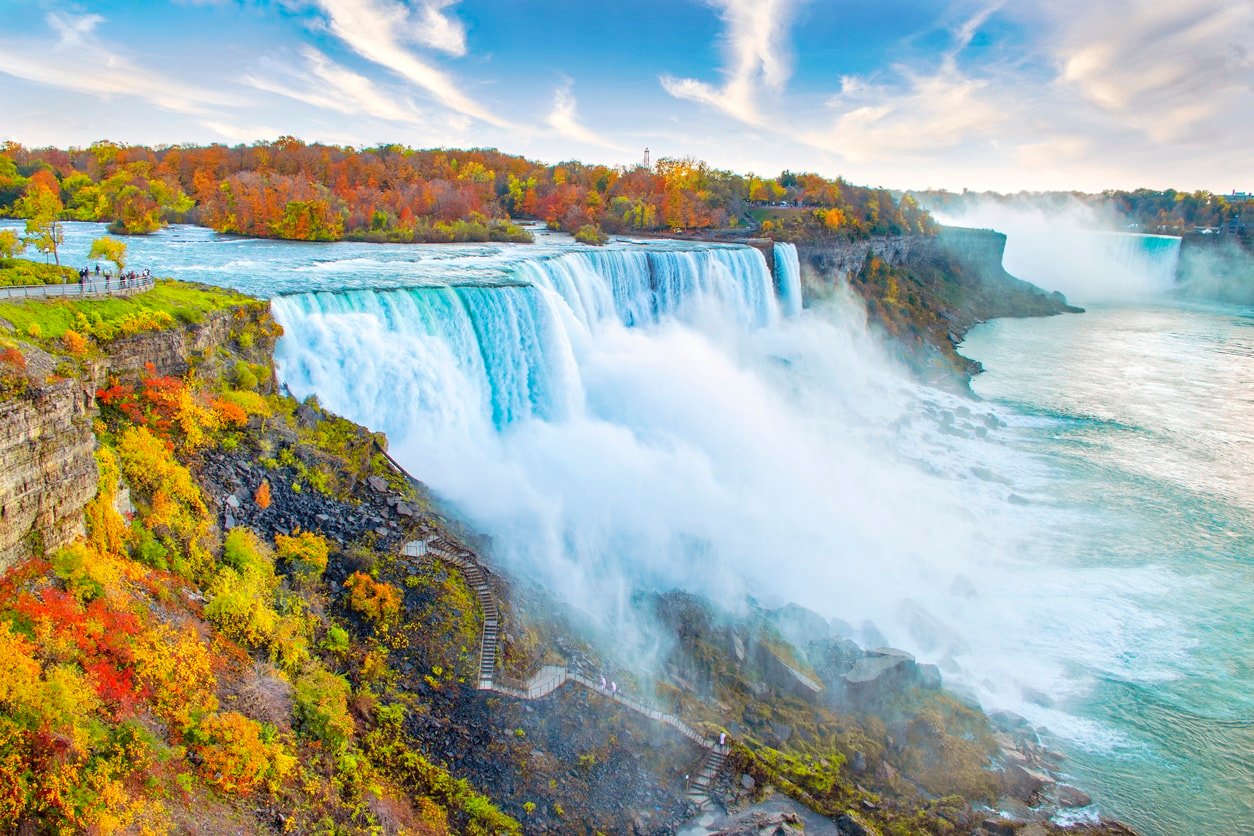 Niagara Falls including American Falls in foreground and Horseshoe Falls in background, with autumn leaf colors