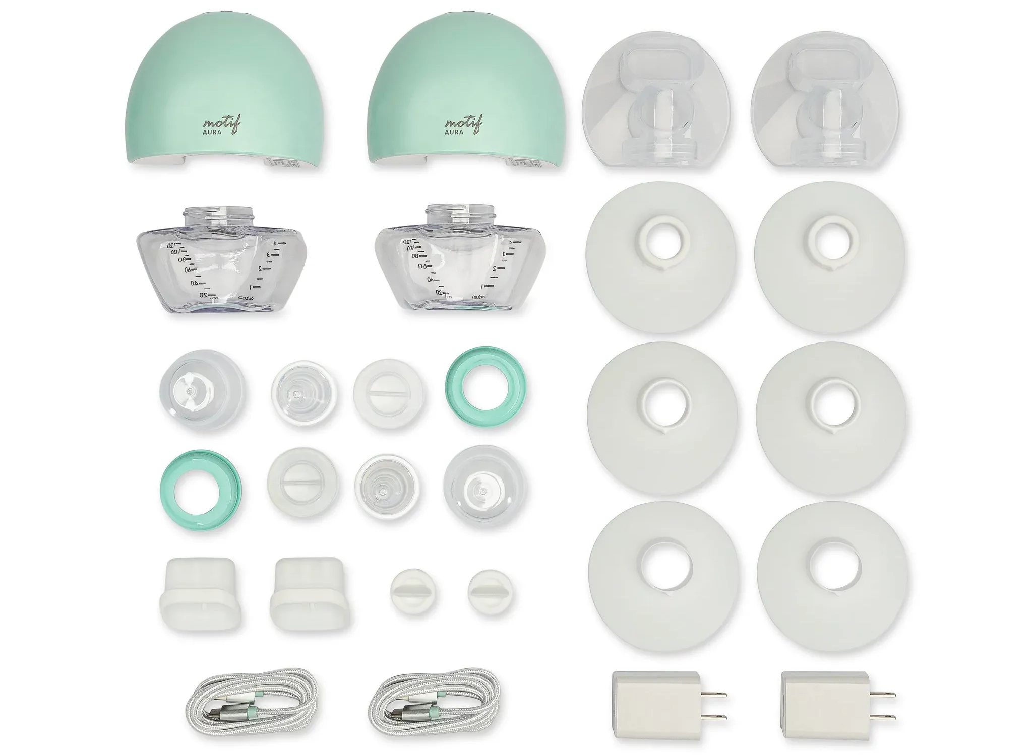 All the items that are included with the Motif Aura wearable breast pump