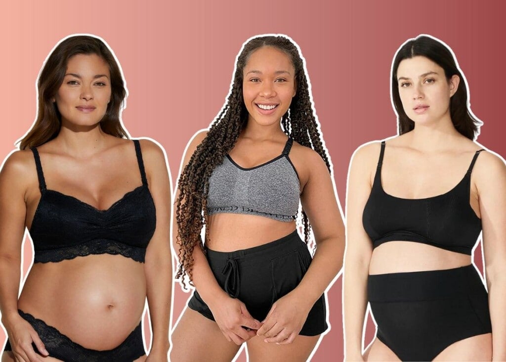 Collage of pregnant women wearing maternity bras