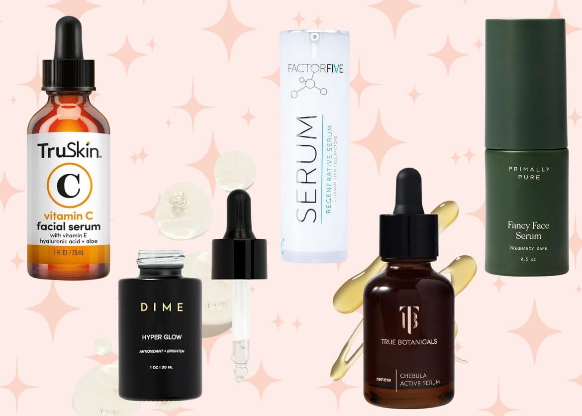 An arrangement of five facial serum bottles against a light pink background with star motifs showcases pregnancy safe skincare. Brands featured include TruSkin, FactorFive, Primally Pure, DIME, and True Botanicals. Several dropper caps are visible along with serum drops.