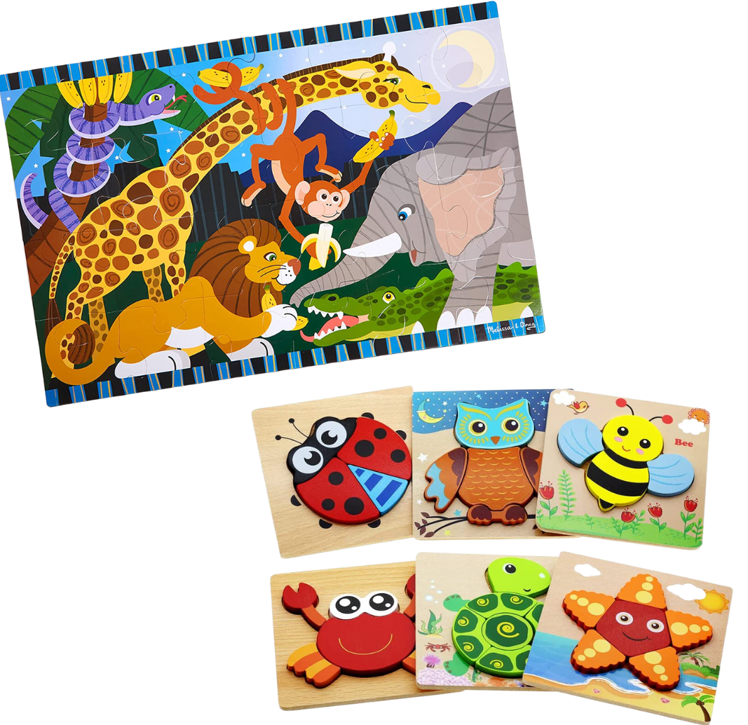 Giant floor animal puzzle and variety of small wooden puzzles 