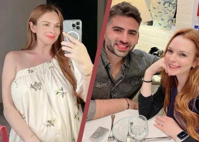 Lindsay Lohan with husband and her taking a selfie showing her baby bump