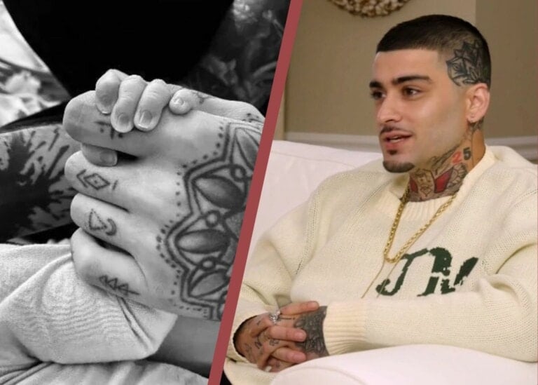 Zayn Malik collage - his hand holding his baby girl's hand and a photo of him during his interview with Call Her Daddy