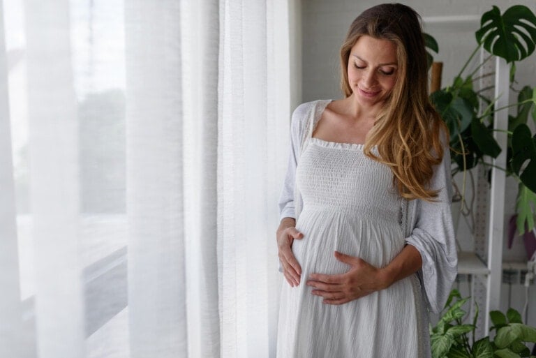 Portrait of a beautiful smiling pregnant woman looking through the window holding her belly