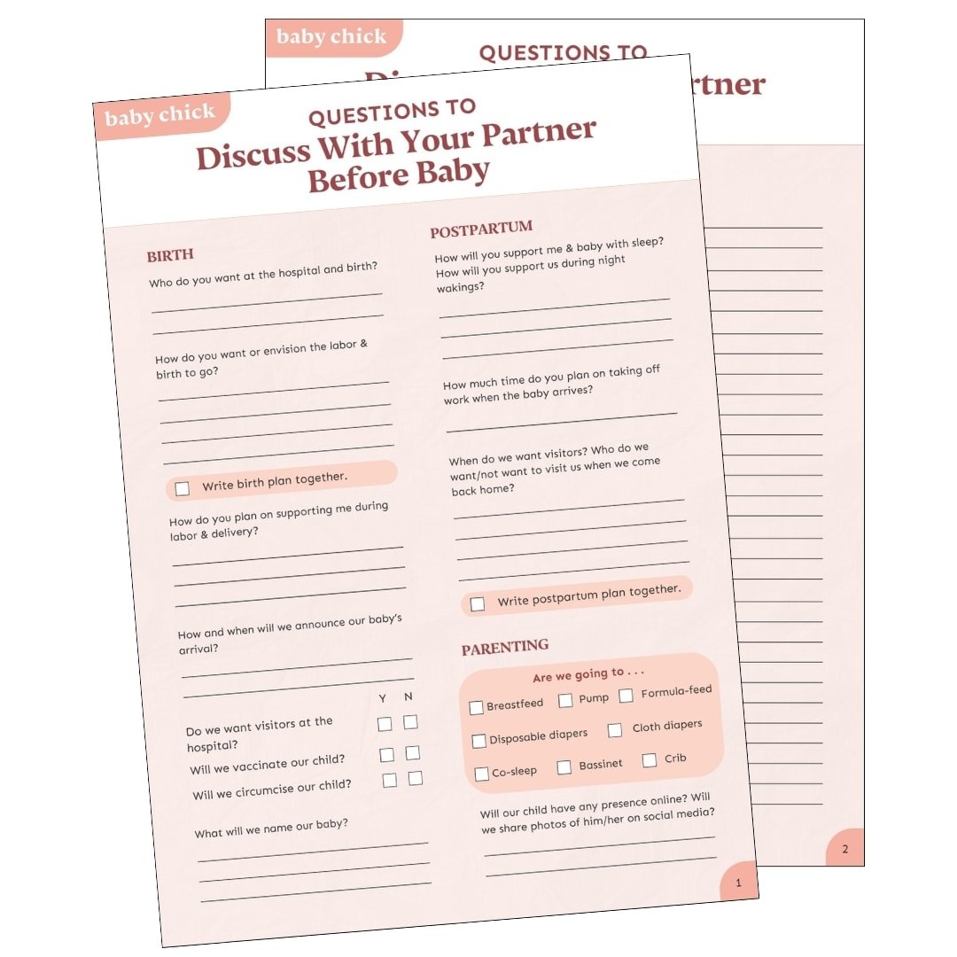 A printable that contains a list of questions to ask your partner before baby arrives