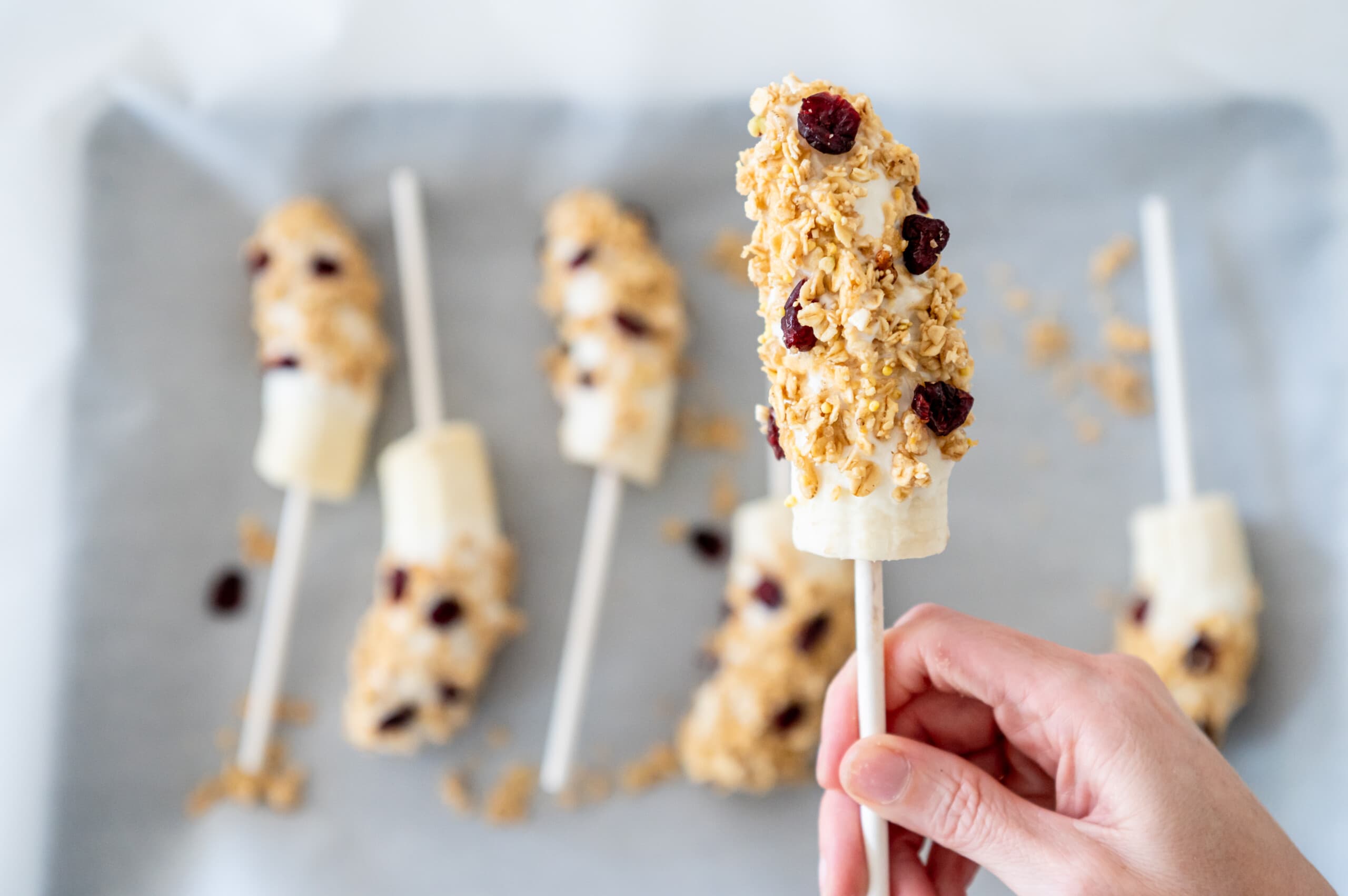 Hand holding up a banana popped. The banana is covered with yogurt, granola and dried cranberries. There's a parchment paper lined cookie sheet with more banana pops in the background.