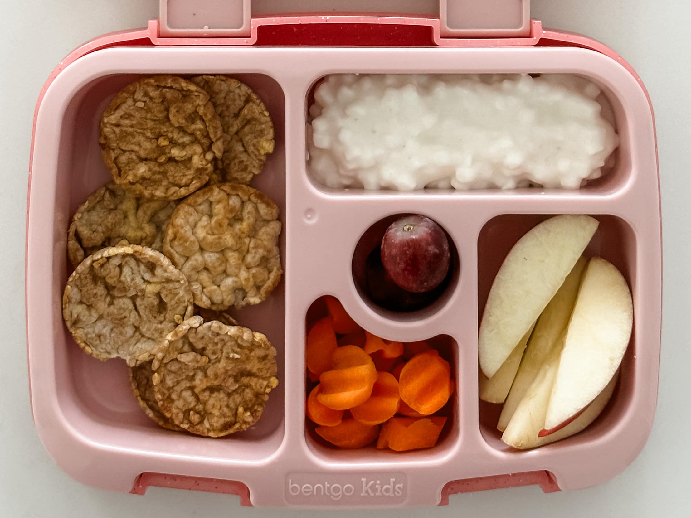 Kid's pink bento box with mini rice cakes, cottage cheese, carrot chips, apple slices, and grapes